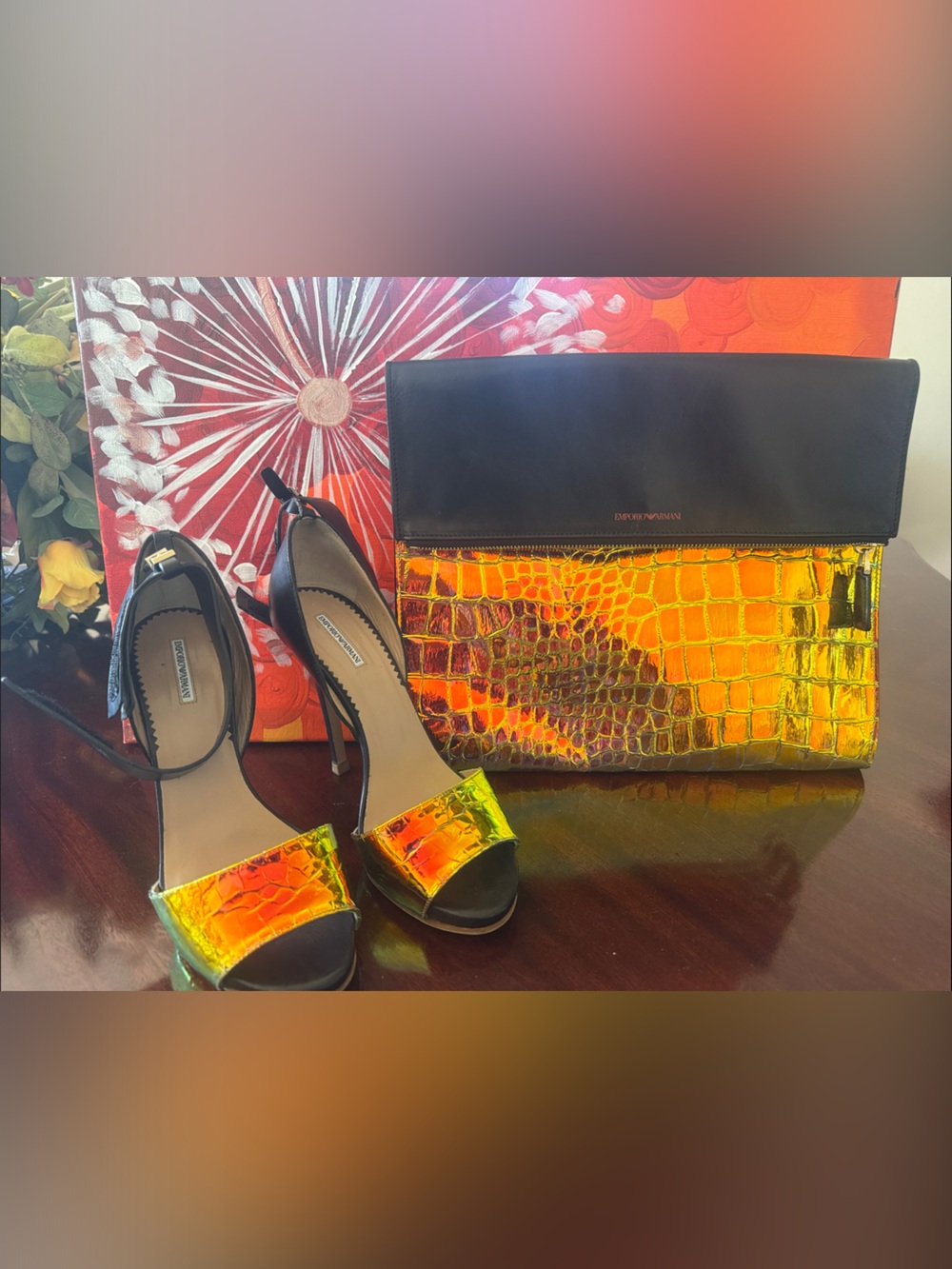 Emporio Armani Black & Iridescent Orange Croc-Effect Clutch with stilettos.